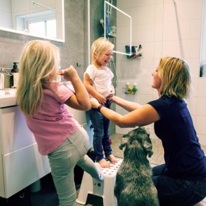 Eine junge Mutter mit zwei Kindern im Badezimmer beim Zähneputzen.