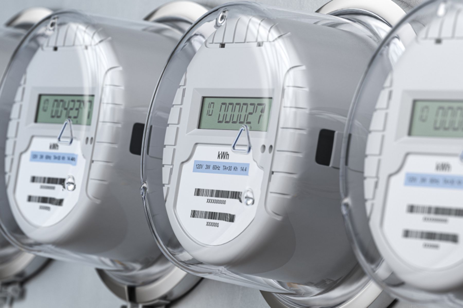 Digitale elektrische Zähler, in einer Reihe platziert, messen den Stromver-brauch.