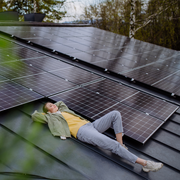Ein junge Frau liegt auf einem Dach, umgeben von Solarpanels. 