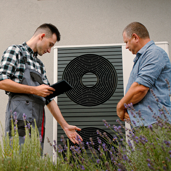 Ein Techniker berät sich mit einem Hausbesitzer über eine vor dem Haus installierte Wärmepumpe. 